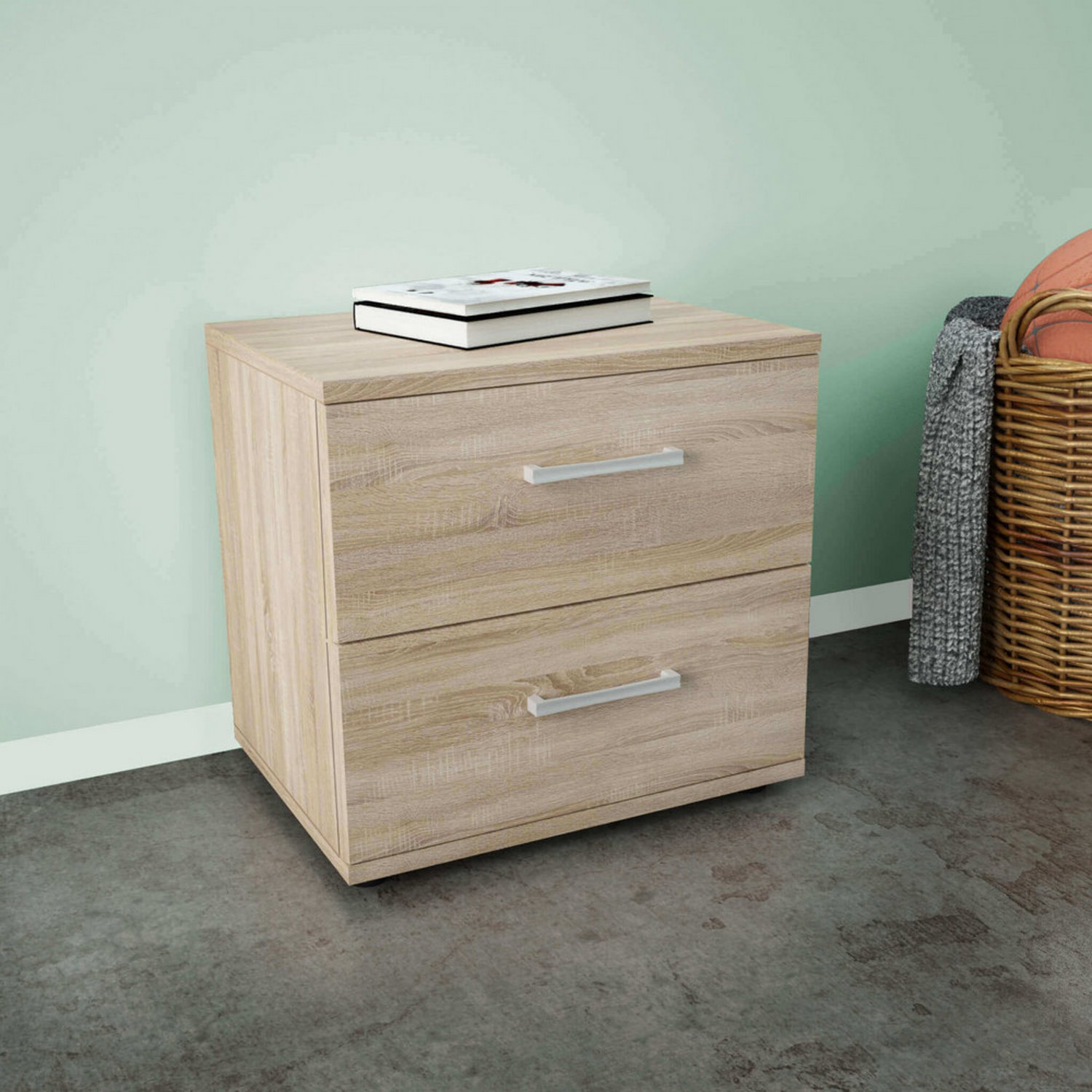 foto del prodotto comodino a 2 cassetti da 44 4x33x40 cm di colore quercia chiaro mod. ares