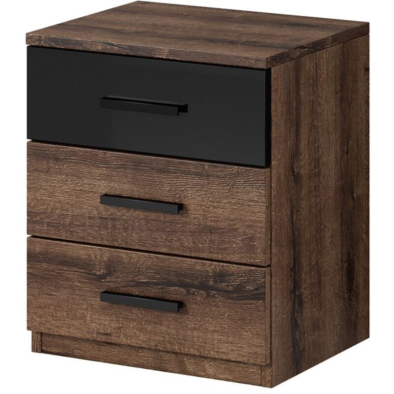 foto del prodotto comodino a tre cassetti, collezione floyd. colori rovere scuro e nero lucido.