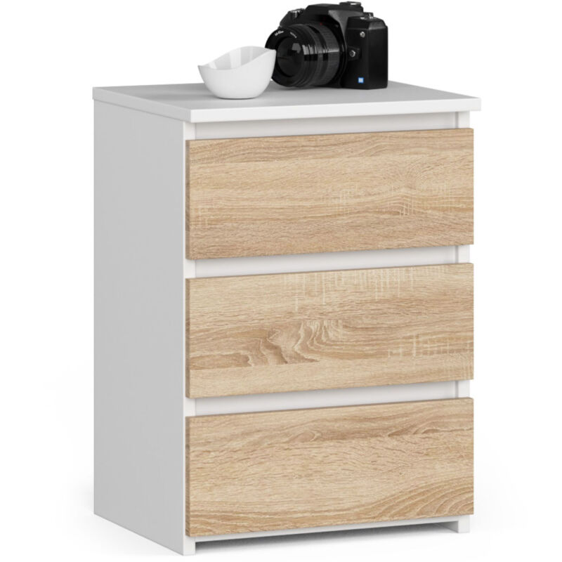 foto del prodotto comodino akord cl3 bianca 40 cm 3 cassetti inserto frontale sonoma quercia 40x35x57 cm