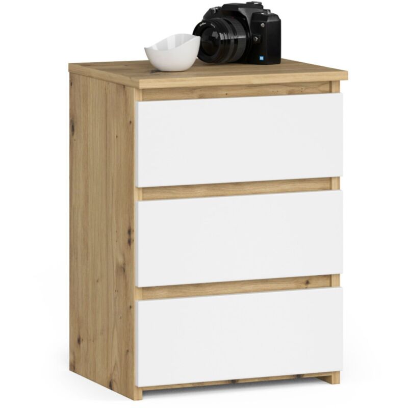 foto del prodotto comodino akord cl3 quercia artisan 40 cm 3 cassetti inserto frontale bianco 40x35x57 cm