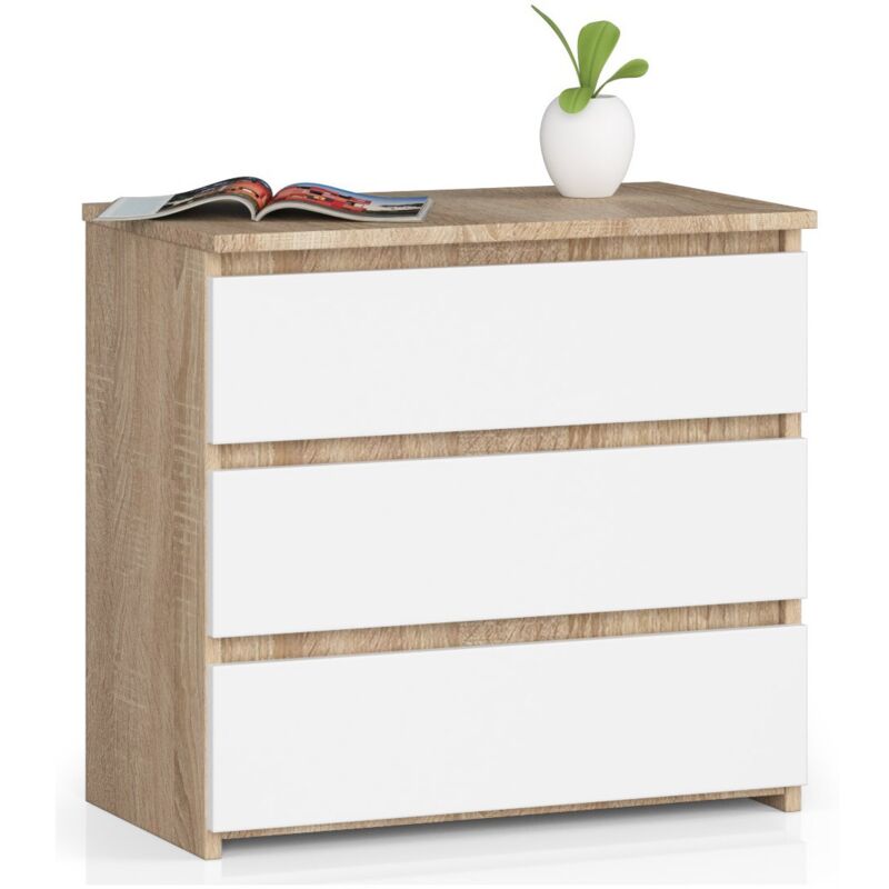 foto del prodotto comodino akord cl3 sonoma quercia 60 cm 3 cassetti inserto frontale bianco 60x35x57 cm