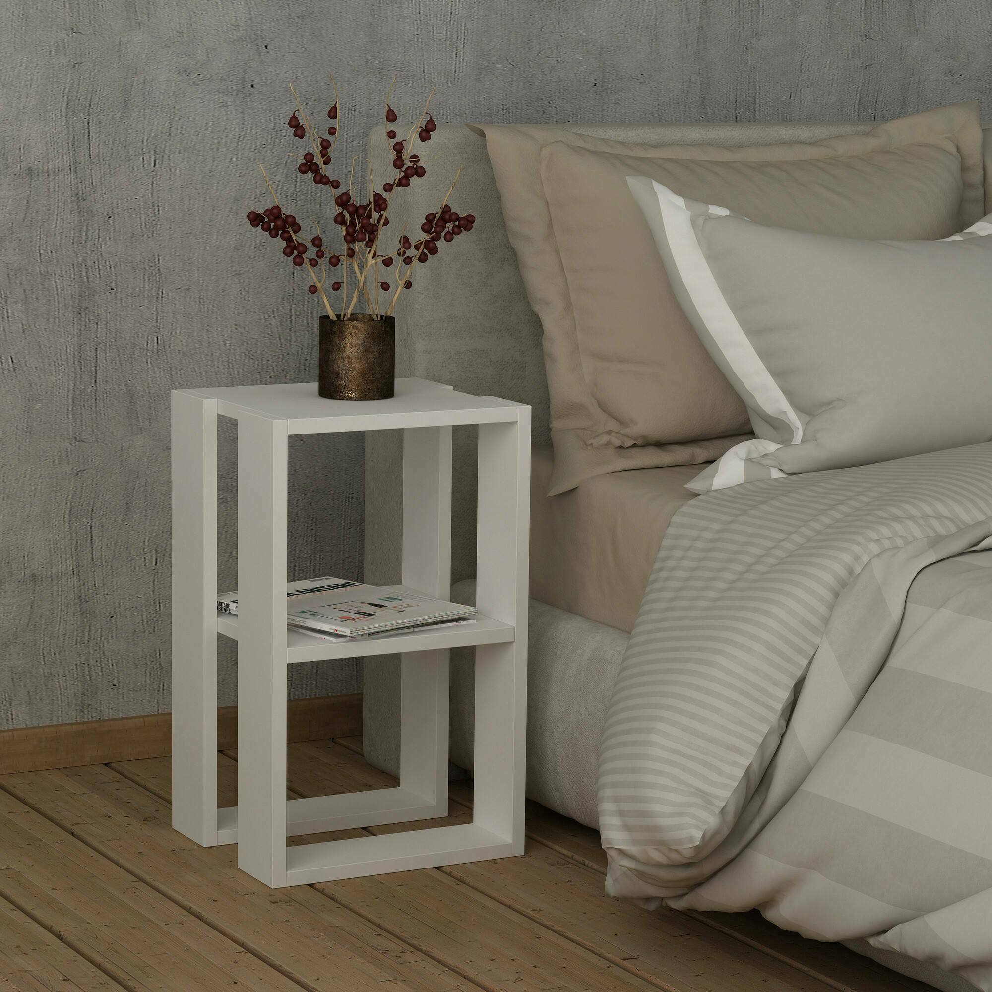 foto del prodotto comodino alfreda, com basso, tavolino da notte, mensola da letto, 30x30h55 cm, bianco