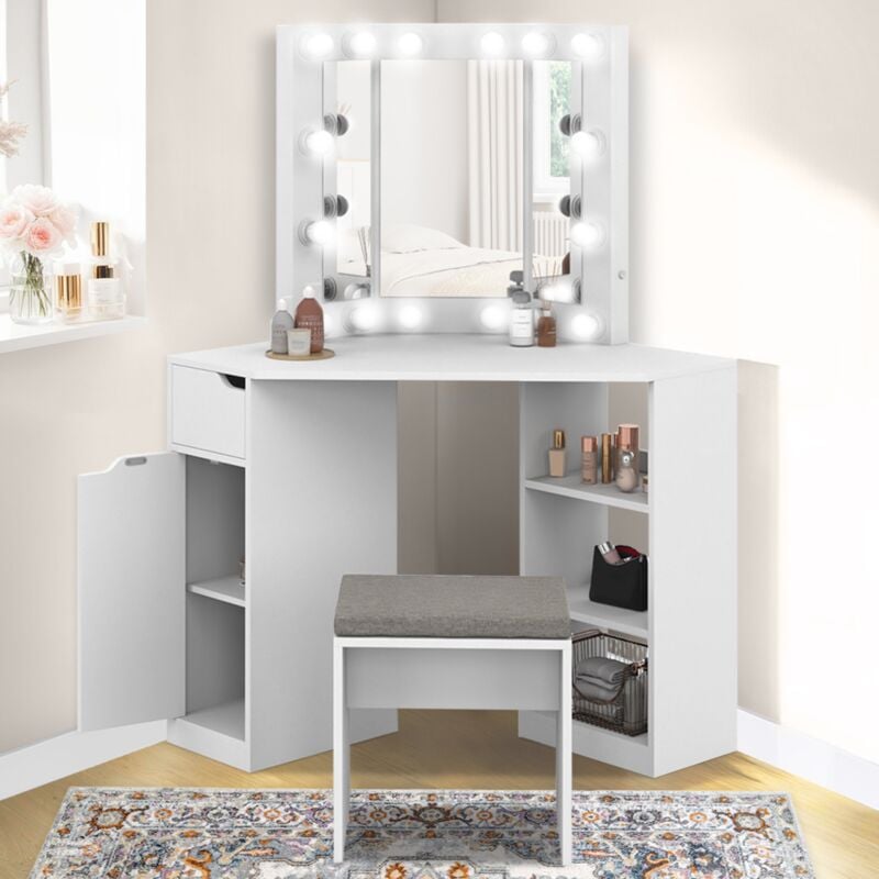 foto del prodotto comodino angolare zelia bianco con 3 specchi led, 3 ripiani, 1 cassetto, 1 contenitore e sgabello