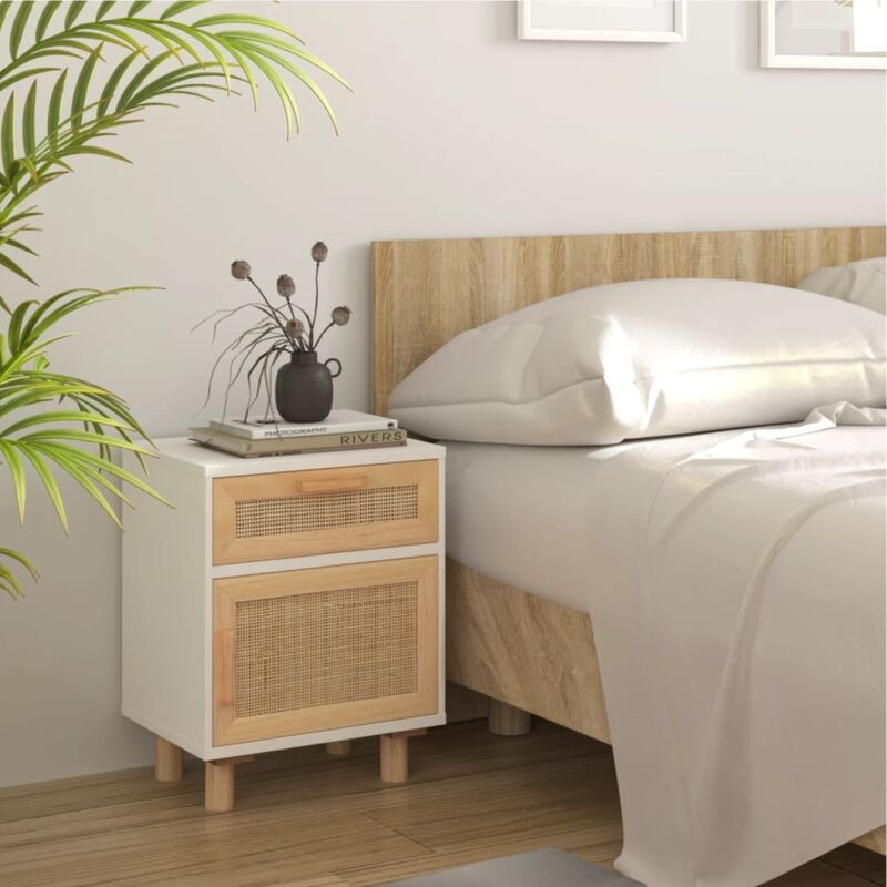 foto del prodotto comodino bianco in legno massello di pino e rattan naturale vidaxl