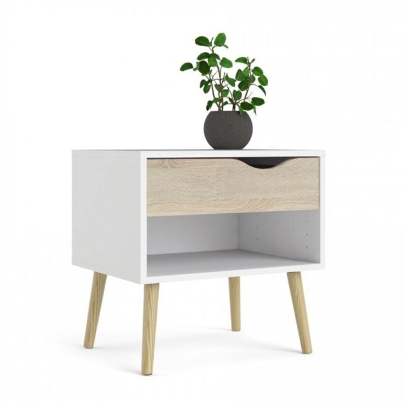foto del prodotto comodino bianco opaco e rovere con cassetto e vano 50 x 39 cm giove