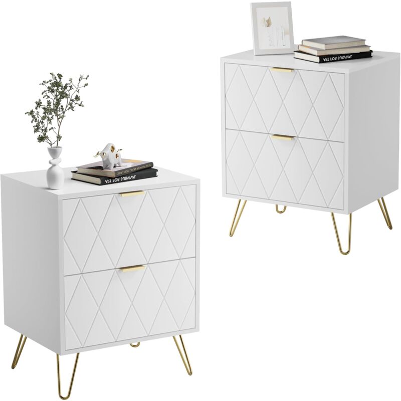 foto del prodotto comodino bianco set di 2, tavolino con 2 cassetti in legno, comodino piccolo moderno, maniglie e gambe in oro cromato, per camera da letto,