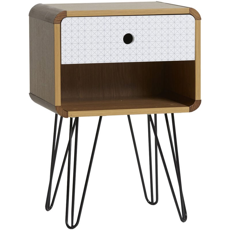 foto del prodotto comodino buda con 1 cassetto, colore quercia, gambe metalliche in nero