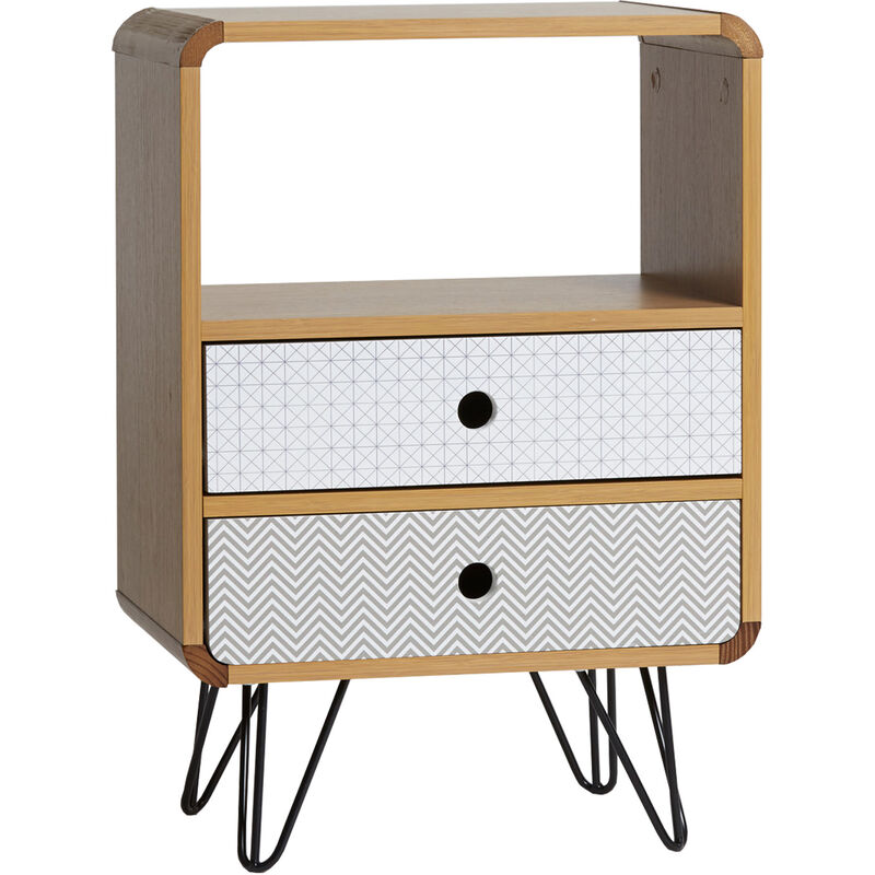 foto del prodotto comodino buda con 2 cassetti, colore quercia, gambe metalliche in nero