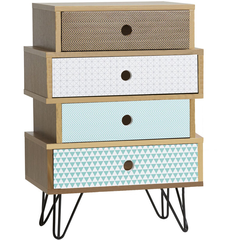foto del prodotto comodino buda con 4 cassetti, colore quercia, gambe metalliche in nero
