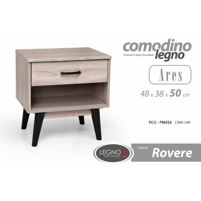 foto del prodotto comodino camera rovere piedini neri alti un cassetto e vano cm 48 x 38 x 50 h