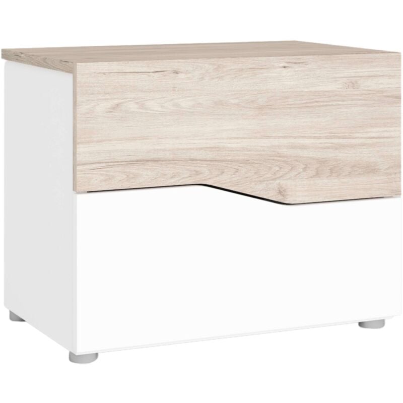 foto del prodotto comodino cannes a 2 cassetti, colore bianco e sahara, stile moderno, 54x42x35cm