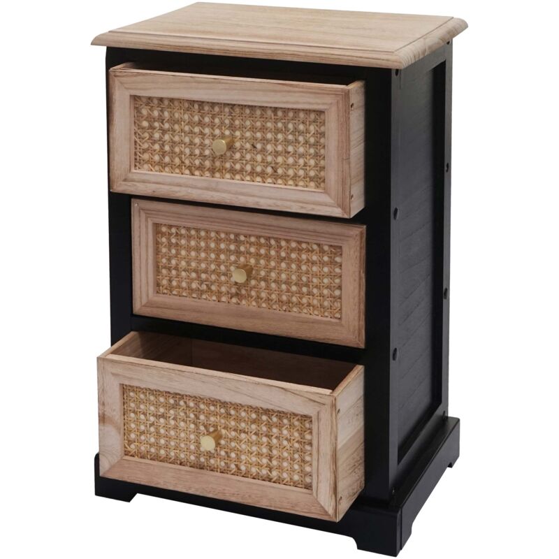 foto del prodotto comodino cassettiera 3 cassetti hhg 674 legno di paulonia rattan nero legno chiaro