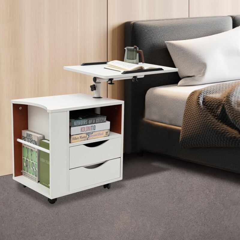 foto del prodotto comodino, comodino girevole funzionale, comodino con cassetto, tavolo sollevatore, comodino a casa, multifunzione, comodino girevole regolabile con