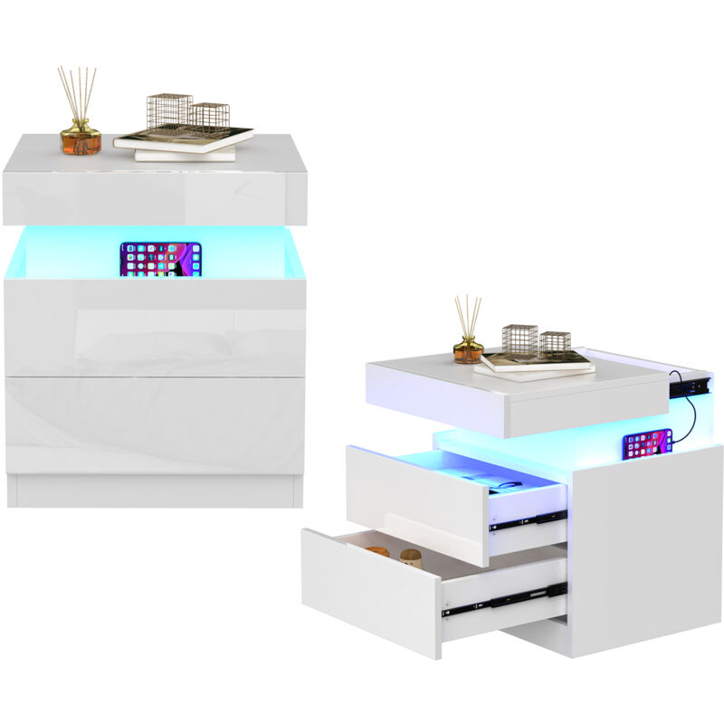 foto del prodotto comodino con 2 cassetti, con striscia led multicolore regolabile, tavolino in stile moderno, 45 x 40 x 52 cm, bianco haloyo