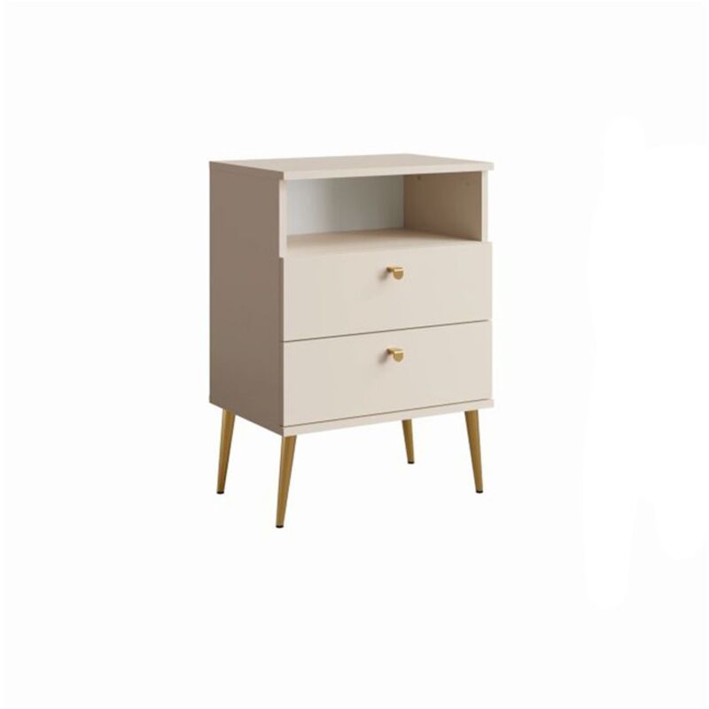 foto del prodotto comodino con 2 cassetti e vanetto beige con piedi in metallo dorato collezione aurora