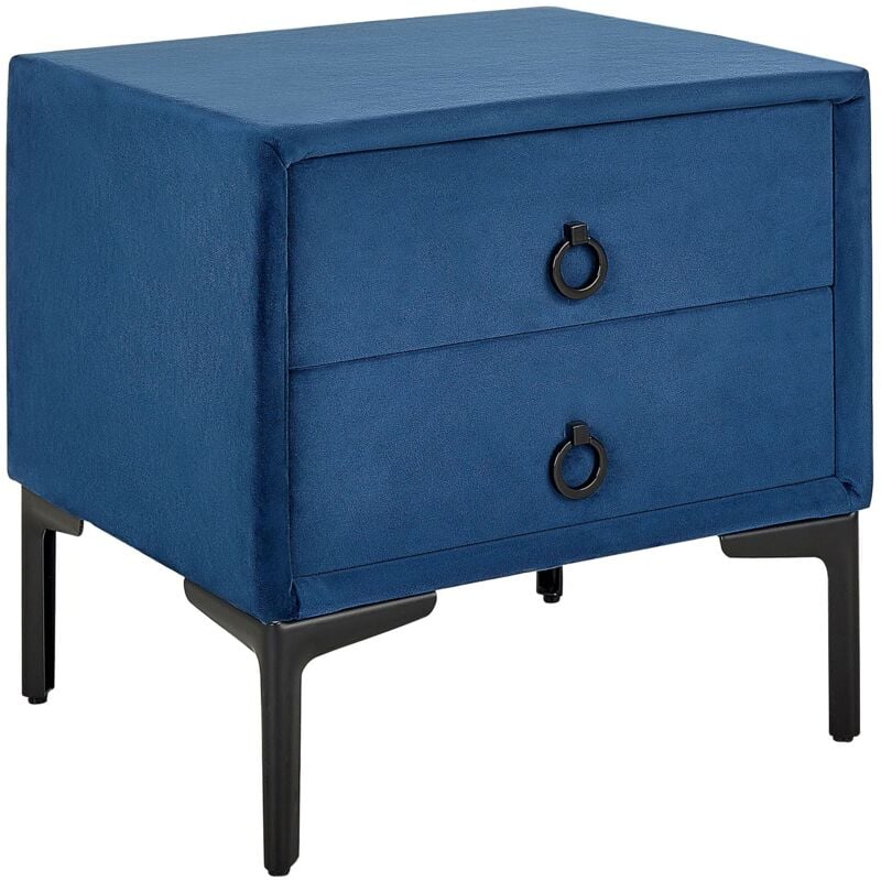 foto del prodotto comodino con 2 cassetti in velluto blu e gambe in metallo sezanne