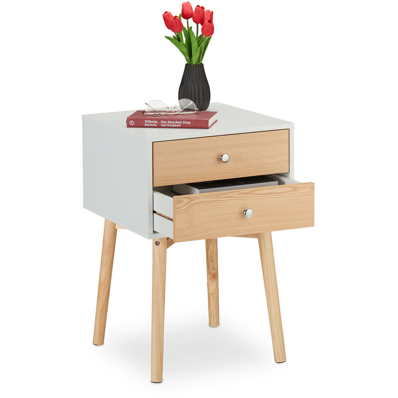 foto del prodotto comodino con 2 cassetti, mobiletto basso per camera da letto e cameretta, 60x40x40 cm, bianco marrone chiaro relaxdays