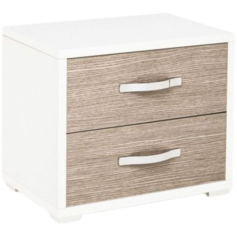 foto del prodotto comodino con cassa bianca frontale olmo 2 cassetti 36x52xh 43