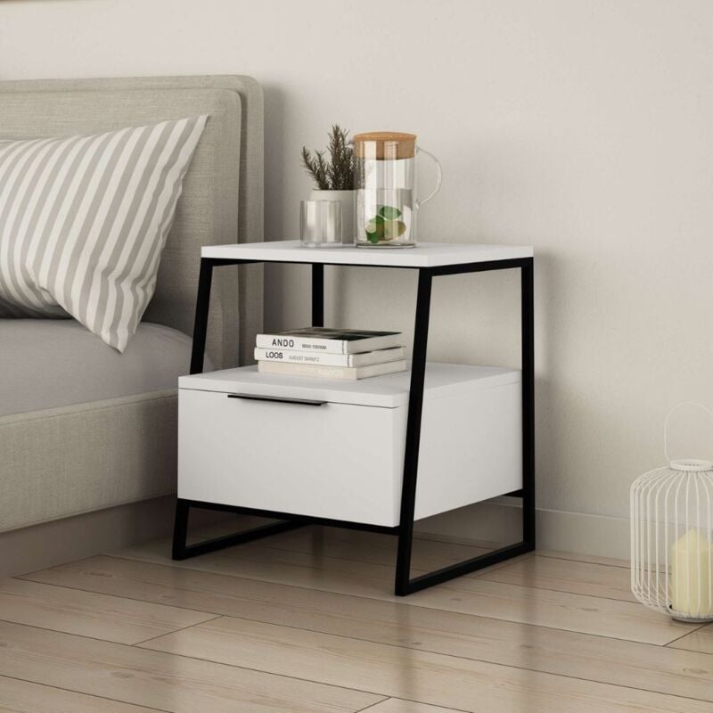 foto del prodotto comodino con cassetto e ripiani colore bianco con gambe metallo nere 45x41x50h cm paul