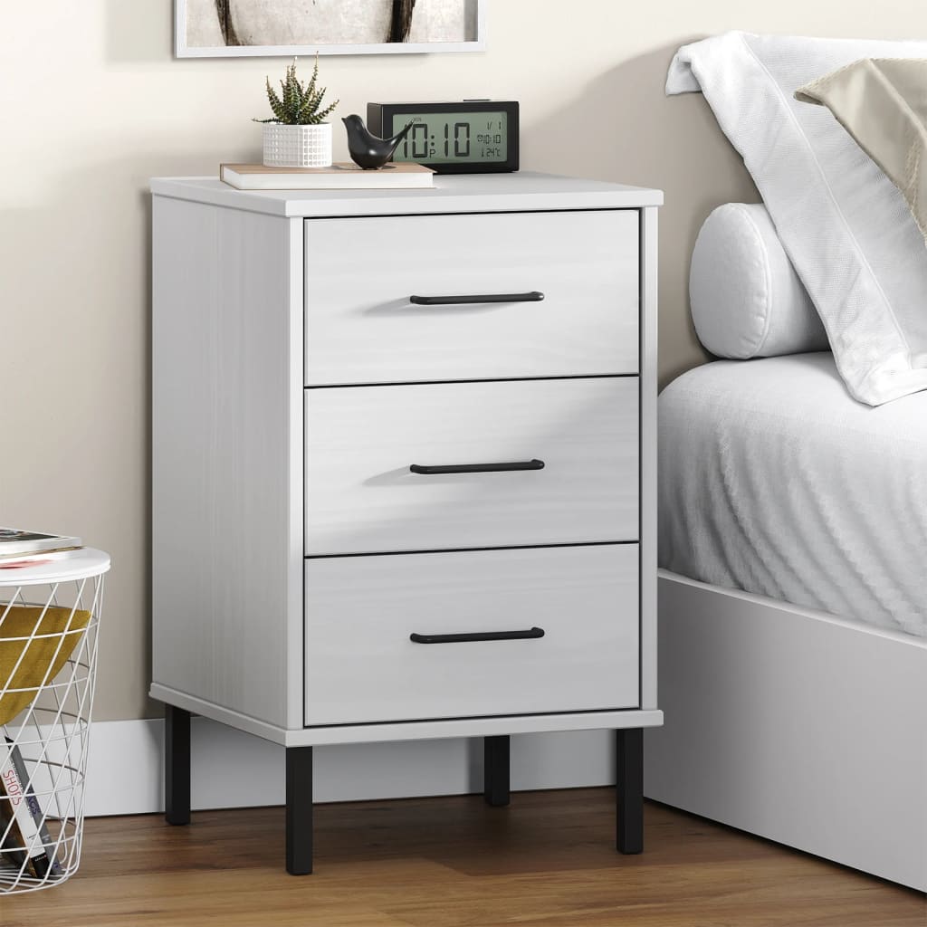 foto del prodotto comodino con gambe in metallo bianco legno massello pino oslo cod mxl 30190