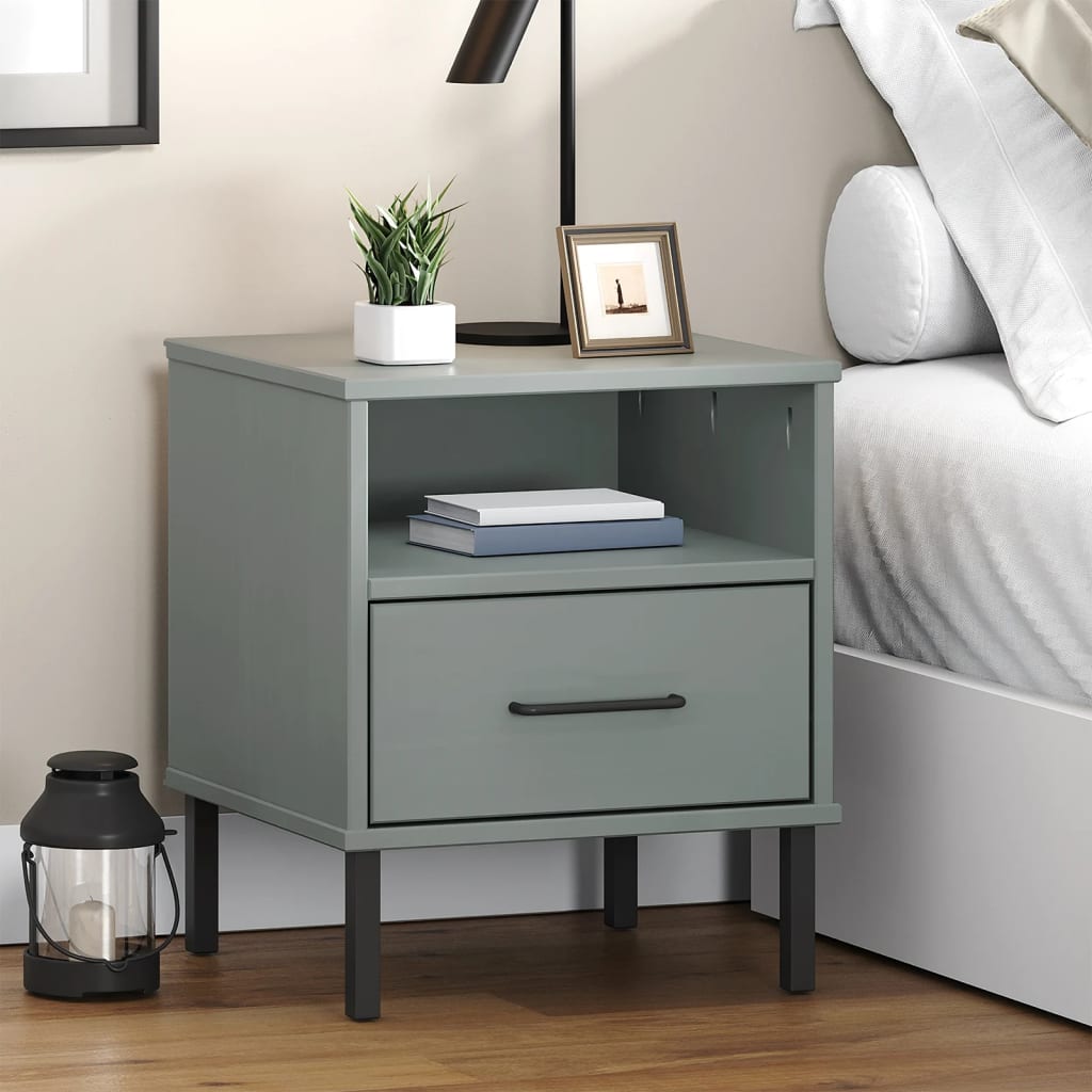 foto del prodotto comodino con gambe in metallo grigio legno massello pino oslo cod mxl 30937