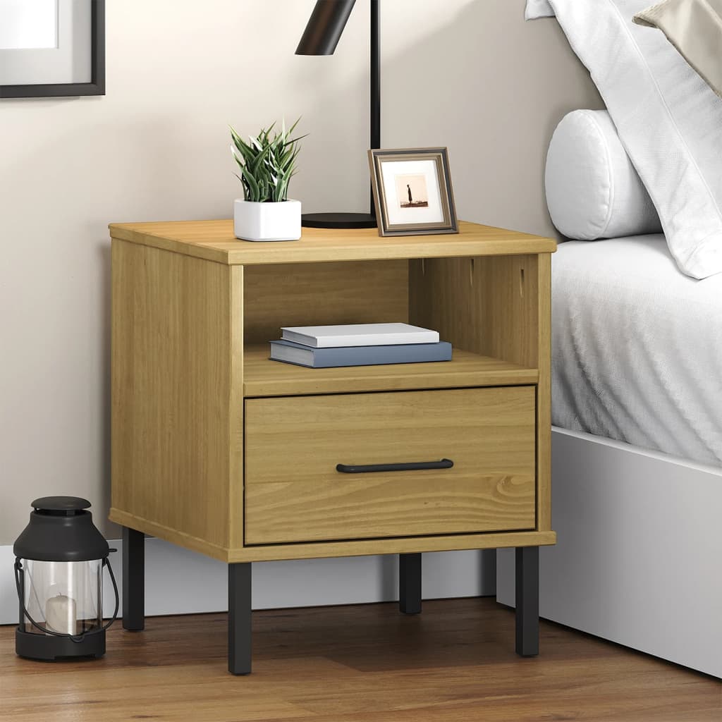 foto del prodotto comodino con gambe in metallo marrone legno massello pino oslo cod mxl 30189