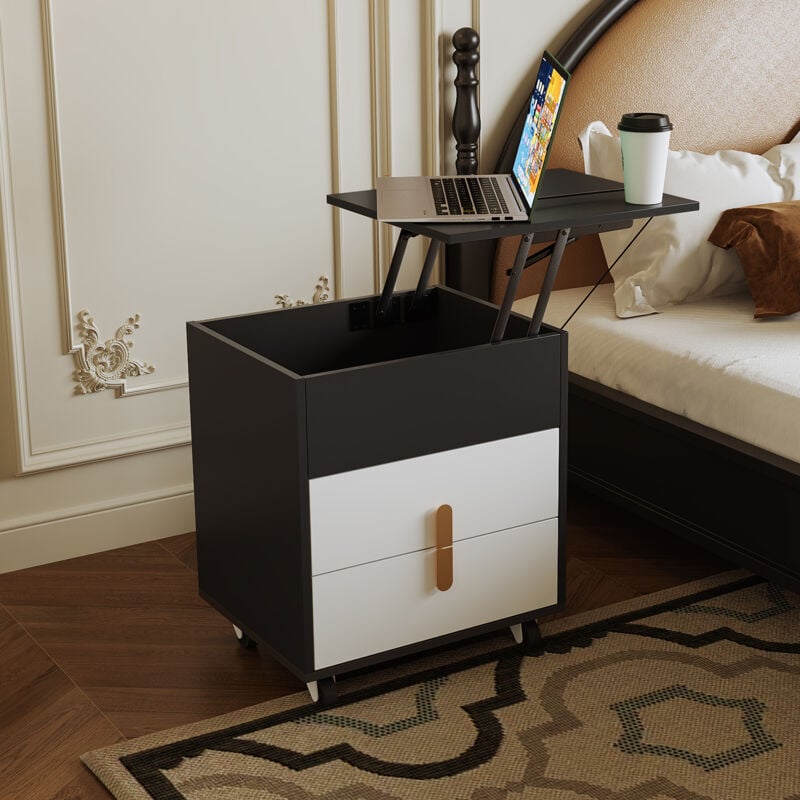 foto del prodotto comodino con interfaccia di ricarica usb, tavolo elevatore, 2 cassetti, bianco e nero