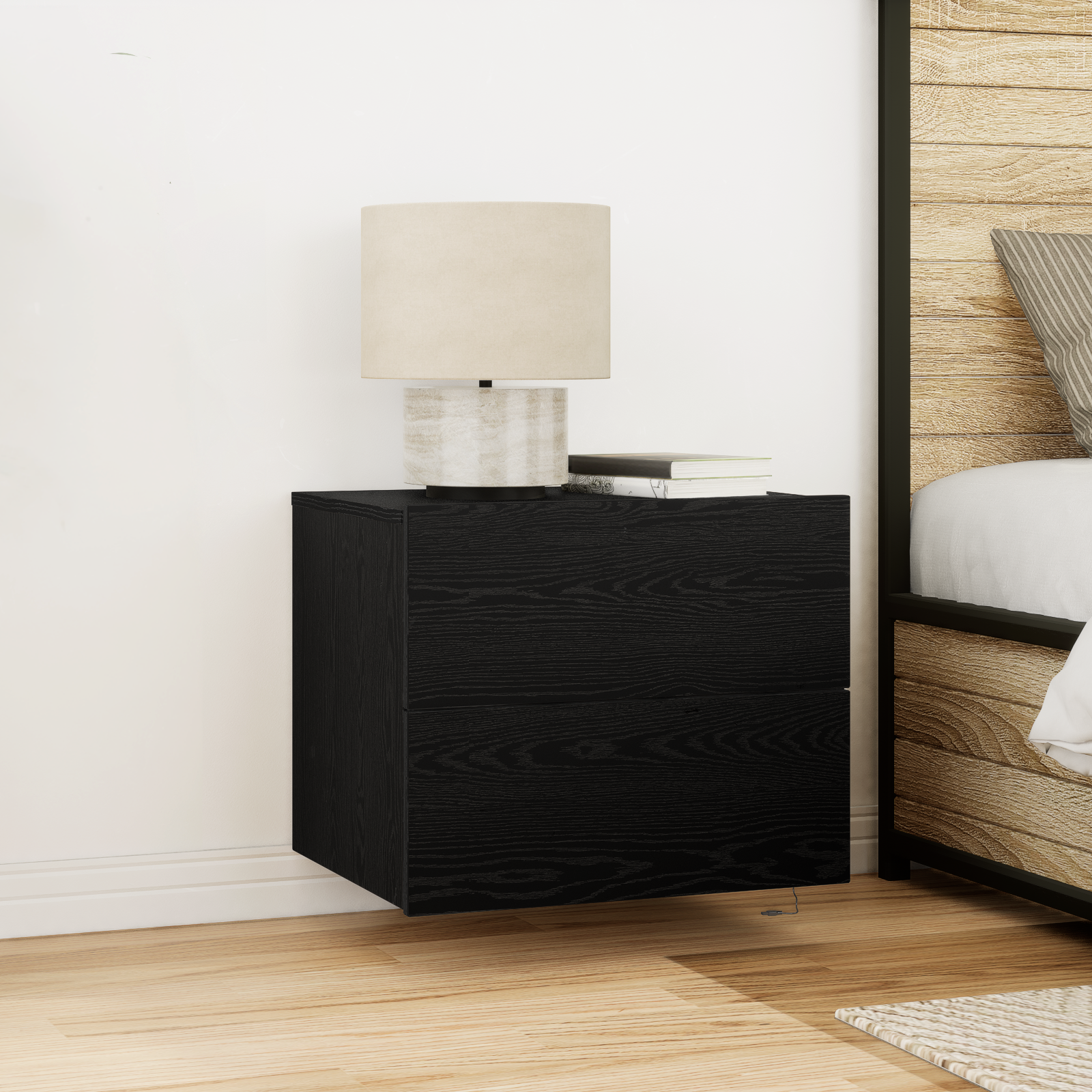 foto del prodotto comodino con led montato a muro rovere nero 50x39x41 cm