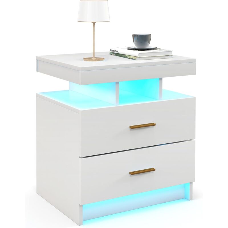 foto del prodotto comodino con luci led, comodino moderno con 2 cassetti, tavolino cameratta con telecomando, per soggiorno,camera da letto bianco costway