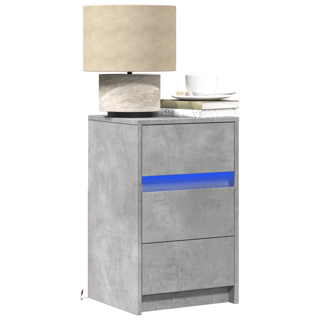 foto del prodotto comodino con luci led grigio cemento in legno multistrato