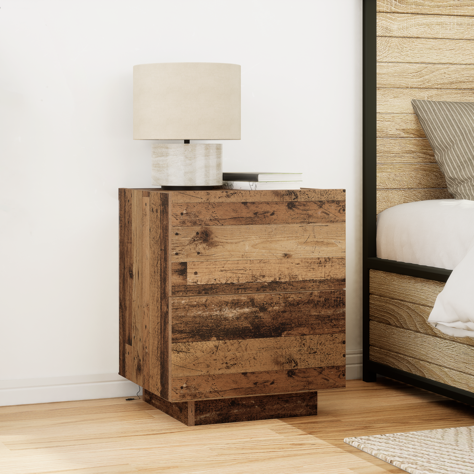 foto del prodotto comodino con luci led legno vecchio 45x40x55 cm