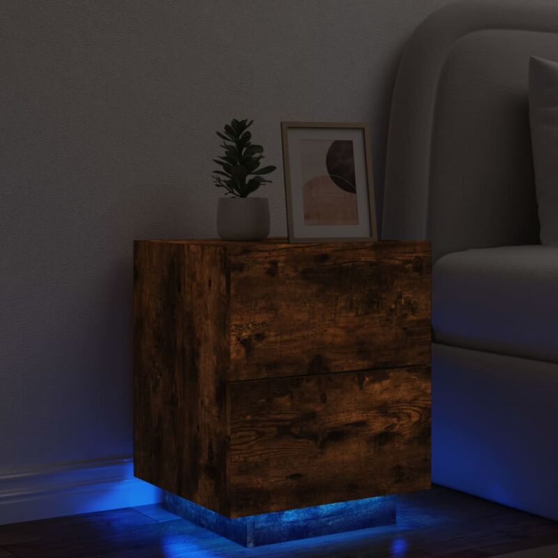 foto del prodotto comodino con luci led rovere fumo in legno multistrato vidaxl