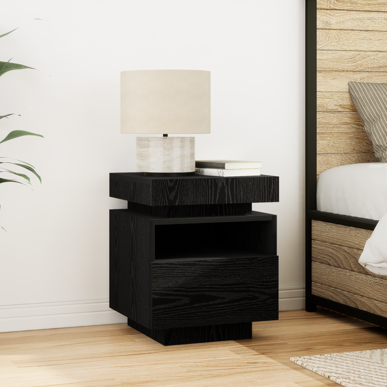 foto del prodotto comodino con luci led rovere nero 40x39x48,5 cm