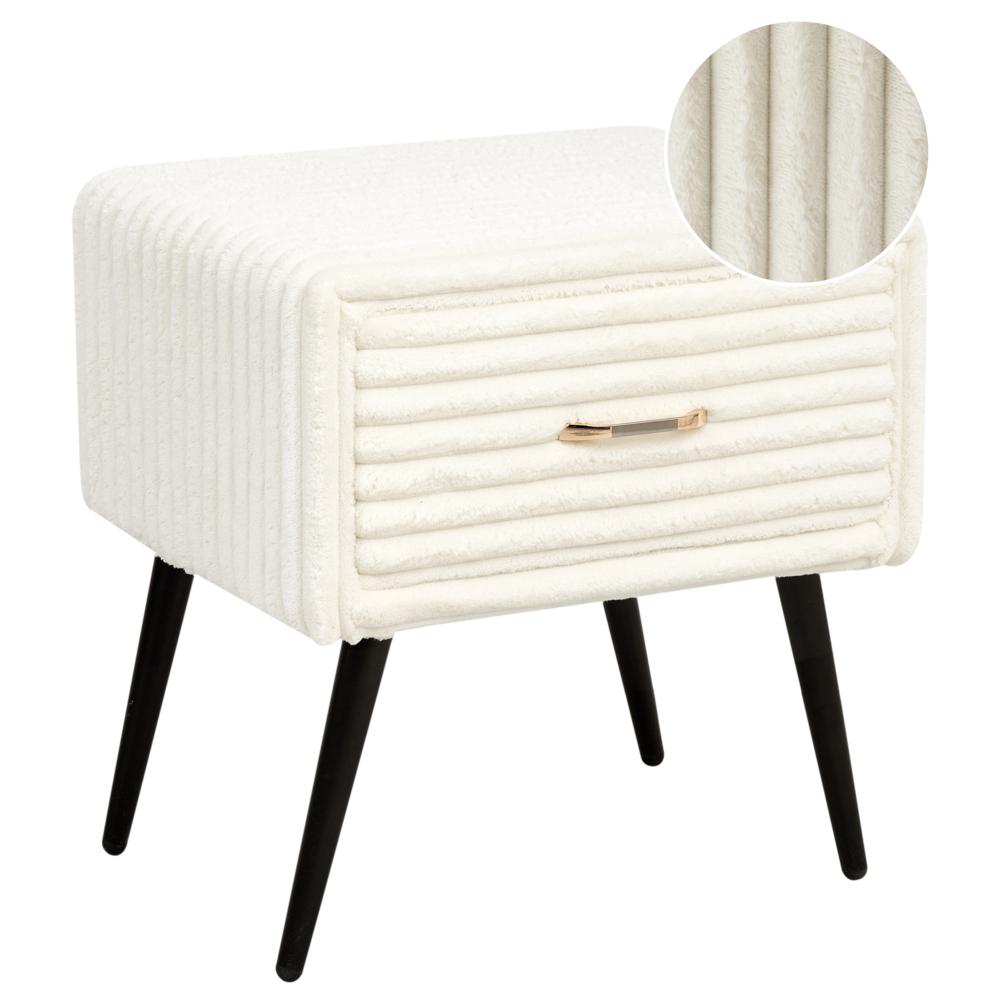 foto del prodotto comodino con rivestimento in velluto bianco con 1 cassetto mobili per camera da letto dal design minimalista
