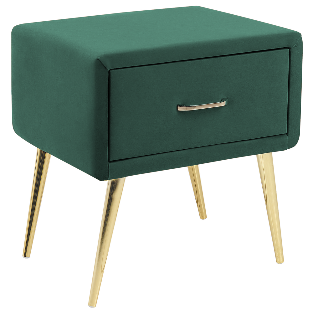 foto del prodotto comodino con rivestimento in velluto verde smeraldo comodino con 1 cassetto mobili per camera da letto dal design minimalista