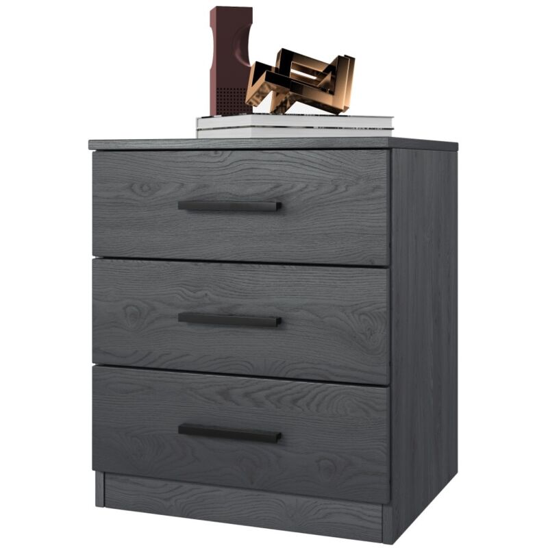 foto del prodotto comodino con tre cassetti, collezione floyd. colore grigio effetto legno.