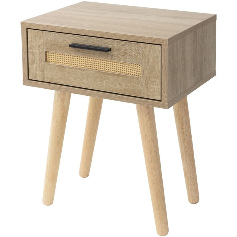 foto del prodotto comodino con un cassetto 40x50,5x30 cm aspetto rovere cassettiera per letto con frontale in rattan piedi in legno massiccio mobiletto per soggiorno