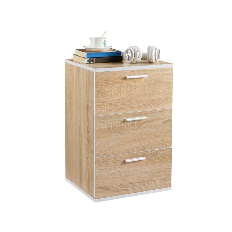 foto del prodotto comodino da camera da letto cameretta moderno cassettiera con 3 cassetti mobiletto da salotto 40 x 35 x 60 cm legno quercia chiaro yaheetech