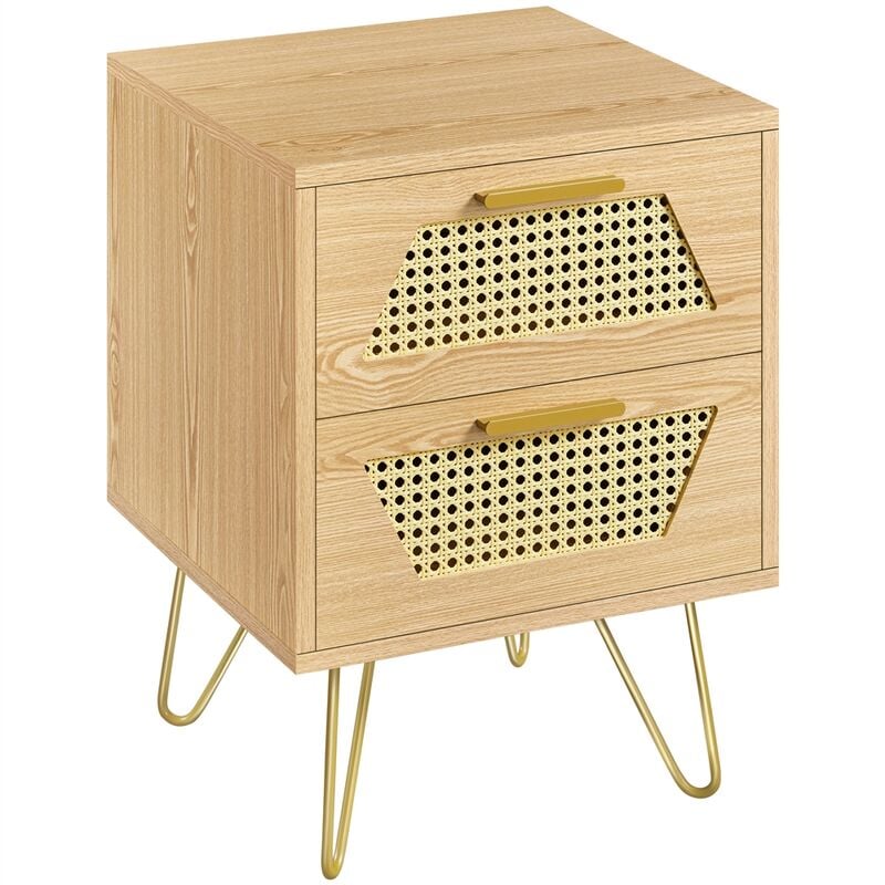 foto del prodotto comodino da letto con cassetti in rattan comodino moderno mobiletto da camera da letto porta lampade 40 x 40 x 55 cm legno quercia chiaro yaheetech