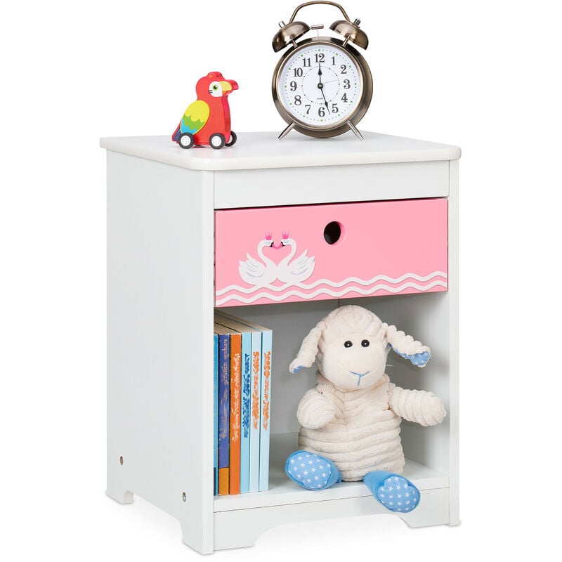 foto del prodotto comodino da letto per bambini, con cassetto e scomparto, hlp 41x32x31 cm, cameretta bimbi, in mdf, bianco rosa relaxdays