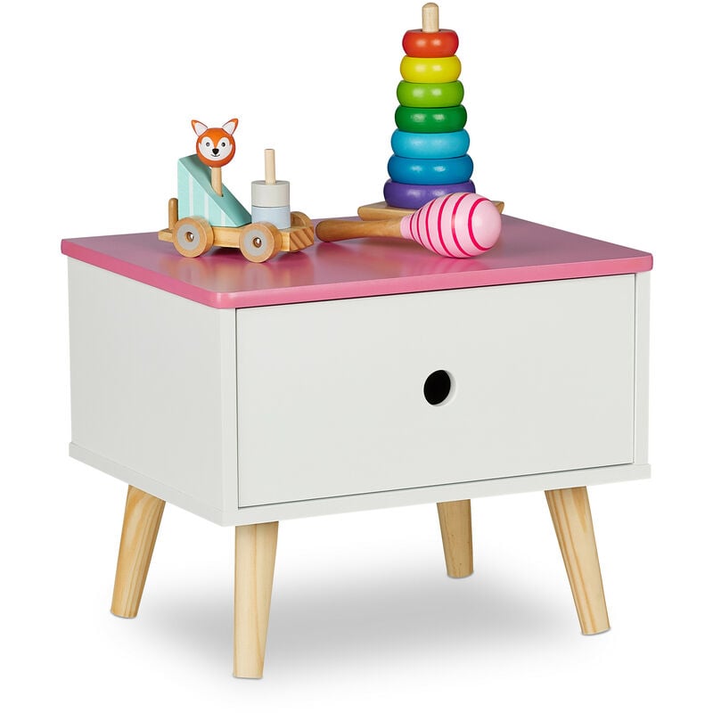 foto del prodotto comodino da letto per bambini, con cassetto, hlp 31 x 38 x 30 cm, cameretta bimbi, legno e mdf, bianco rosa relaxdays
