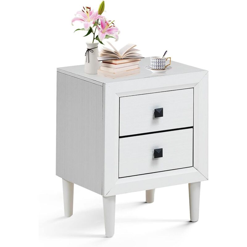 foto del prodotto comodino da notte con 2 cassetti, tavolino in legno con gambe in legno di gomma, completamente assemblato, per camera da letto soggiorno sala studio