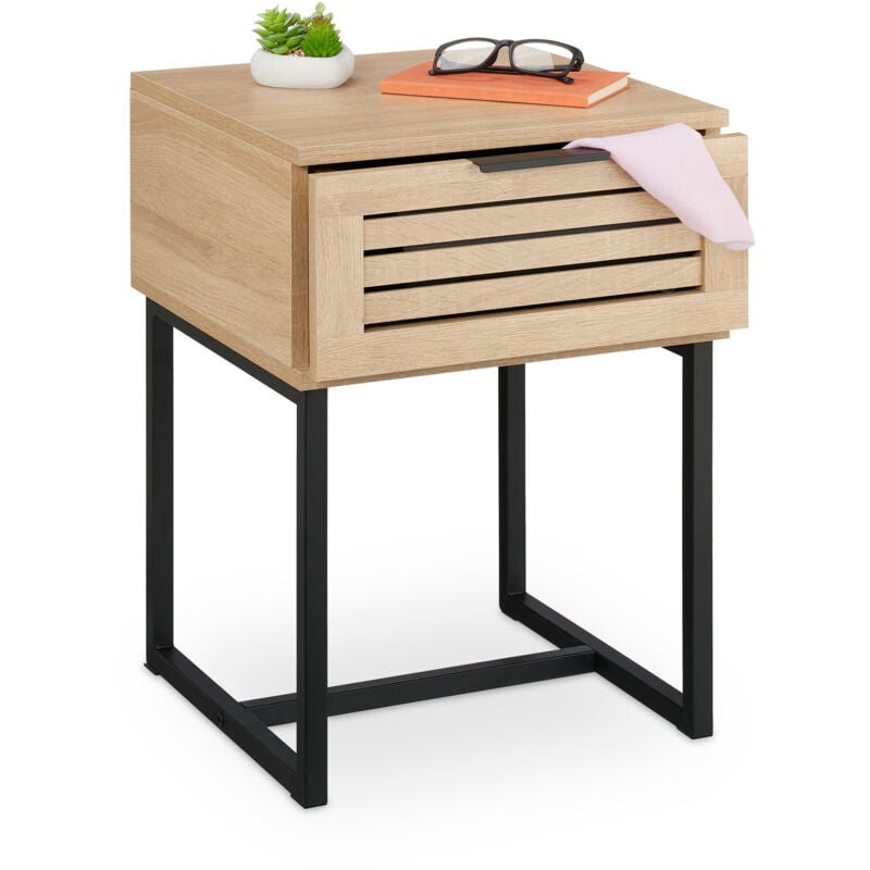 foto del prodotto comodino da notte con cassetto, tavolino laterale camera da letto, 55,5x40x41,5 cm, pb e ferro, nero naturale relaxdays
