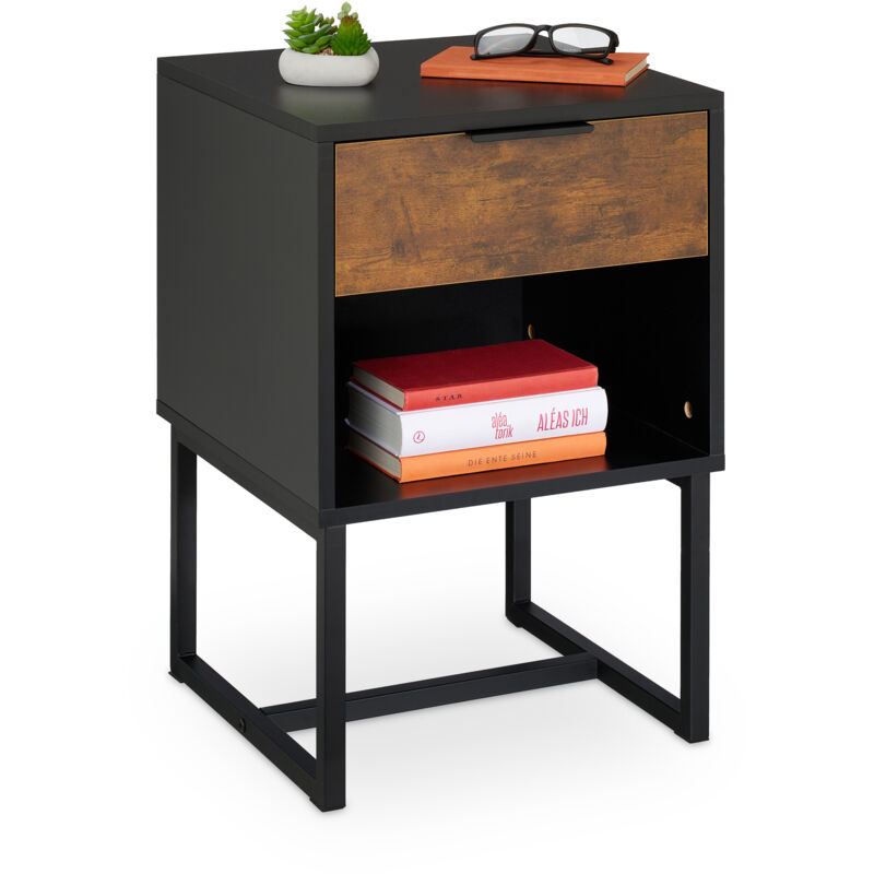 foto del prodotto comodino da notte con cassetto, tavolino laterale camera da letto, 60,5x40x41,5 cm, industrial, nero naturale relaxdays