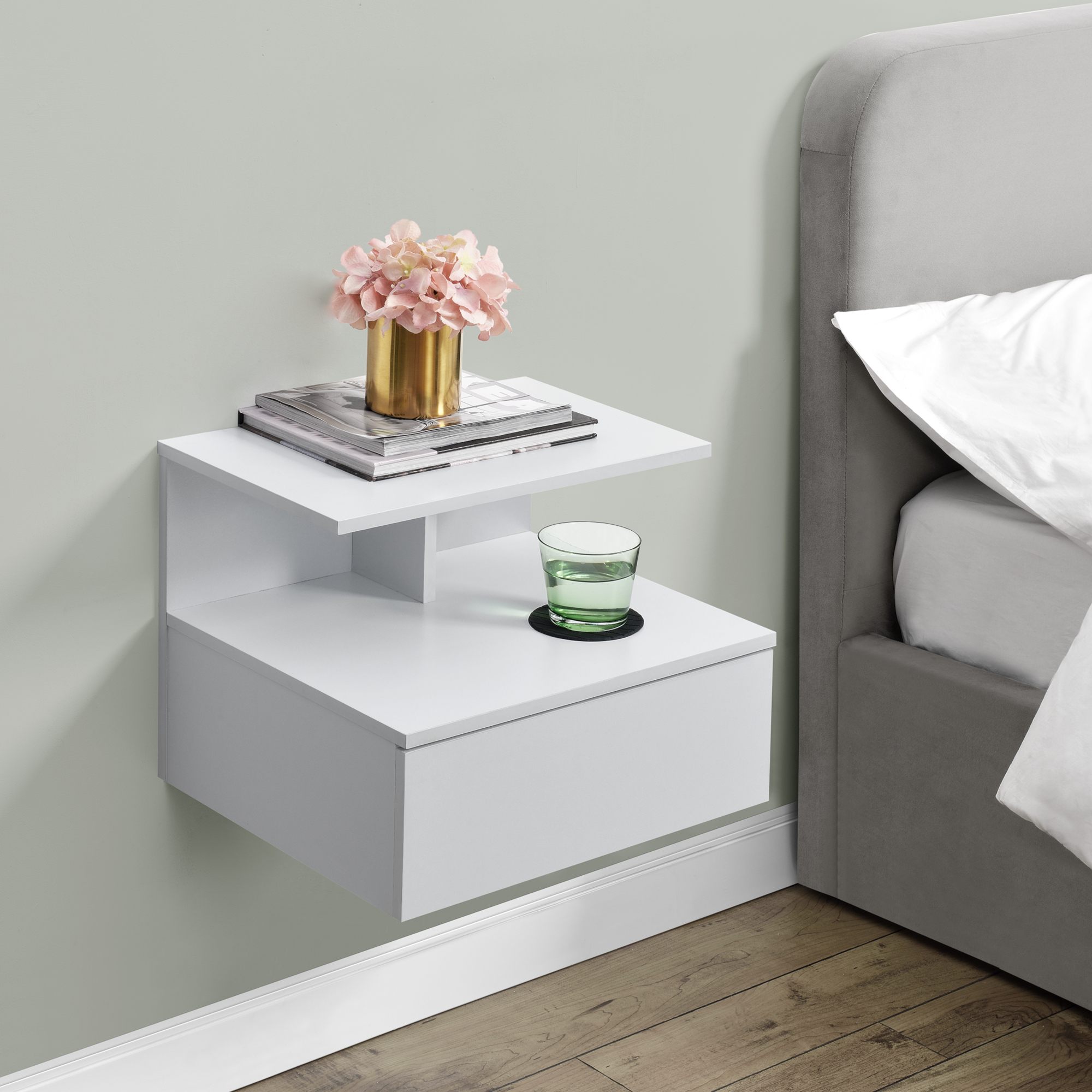 foto del prodotto comodino da parete amberg con cassetto e ripiani 40x35x31 cm bianco en.casa 
