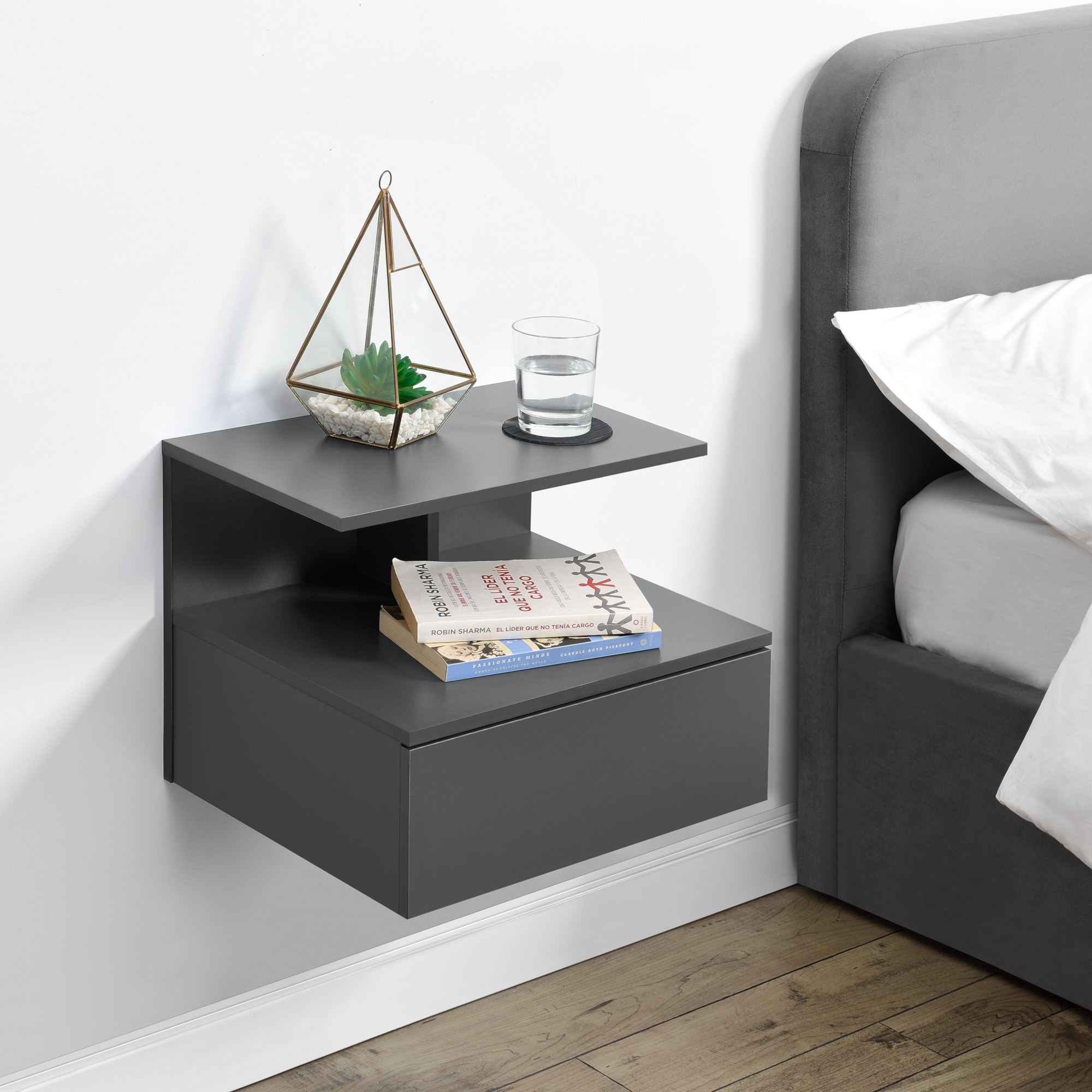 foto del prodotto comodino da parete amberg con cassetto e ripiani 40x35x31 cm grigio scuro en.casa 