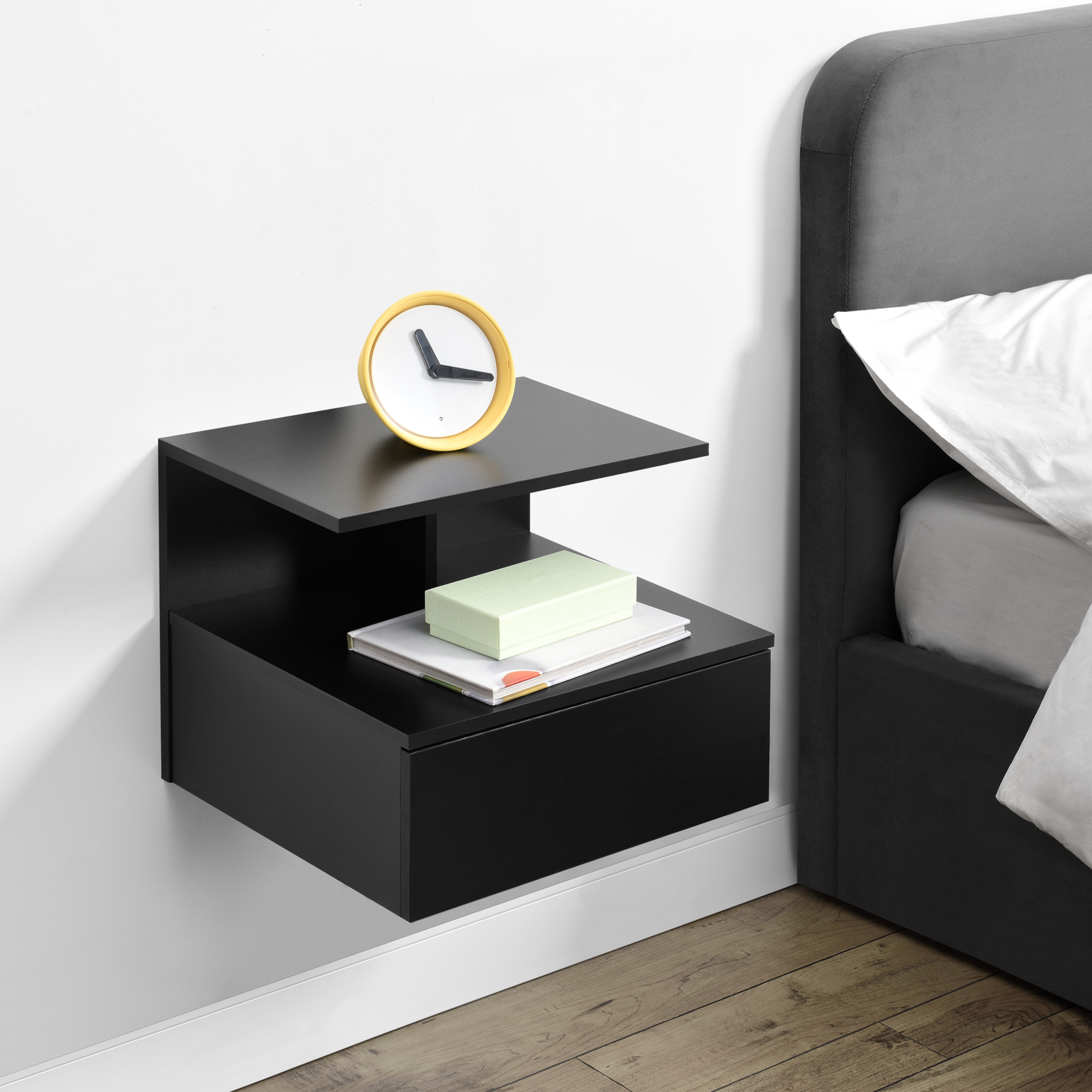 foto del prodotto comodino da parete amberg con cassetto e ripiani 40x35x31 cm nero en.casa 