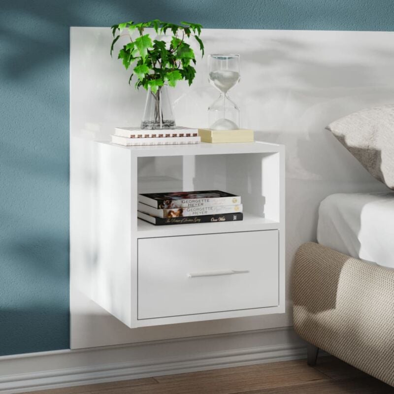 foto del prodotto comodino da parete design moderno con cassetto e scomparto vari colori colore bianco lucido