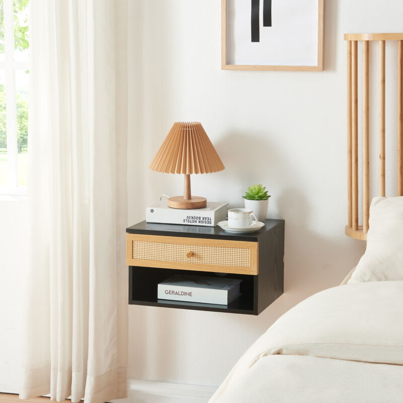 foto del prodotto comodino da parete eiker con cassetto e scomparto 40x32x23 cm nero en.casa 