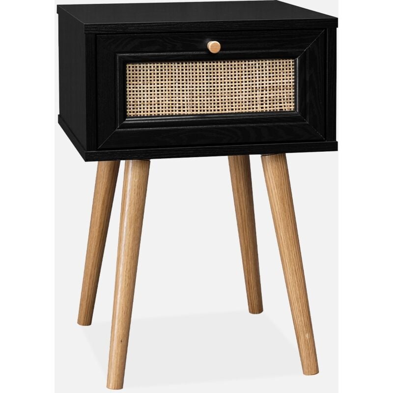foto del prodotto comodino effetto legno e intrecciatura cannage, 1 cassetto